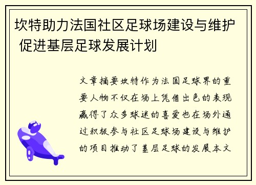 坎特助力法国社区足球场建设与维护 促进基层足球发展计划