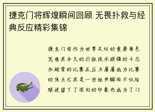 捷克门将辉煌瞬间回顾 无畏扑救与经典反应精彩集锦
